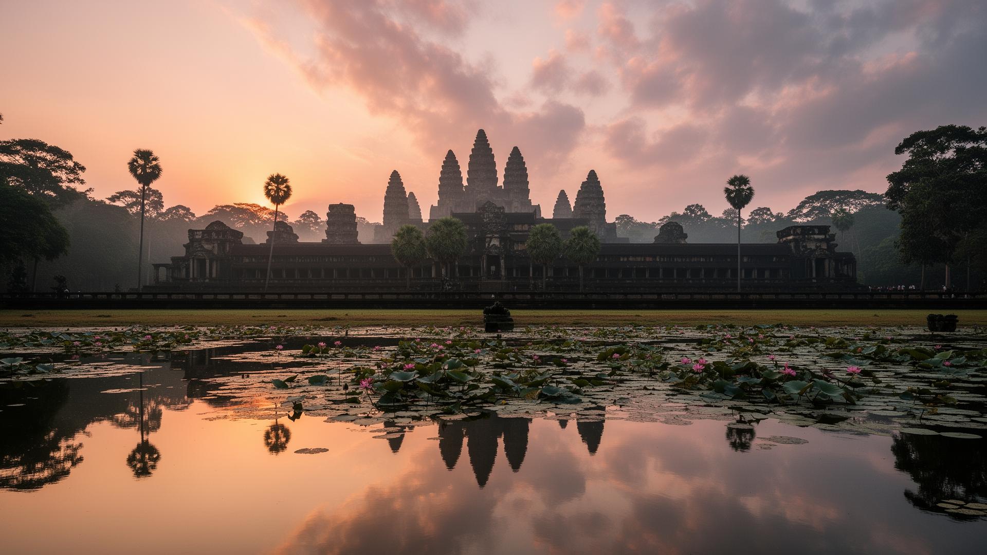 Sunrise over Angkor Wat temple in Cambodia, reflected in the lotus pond