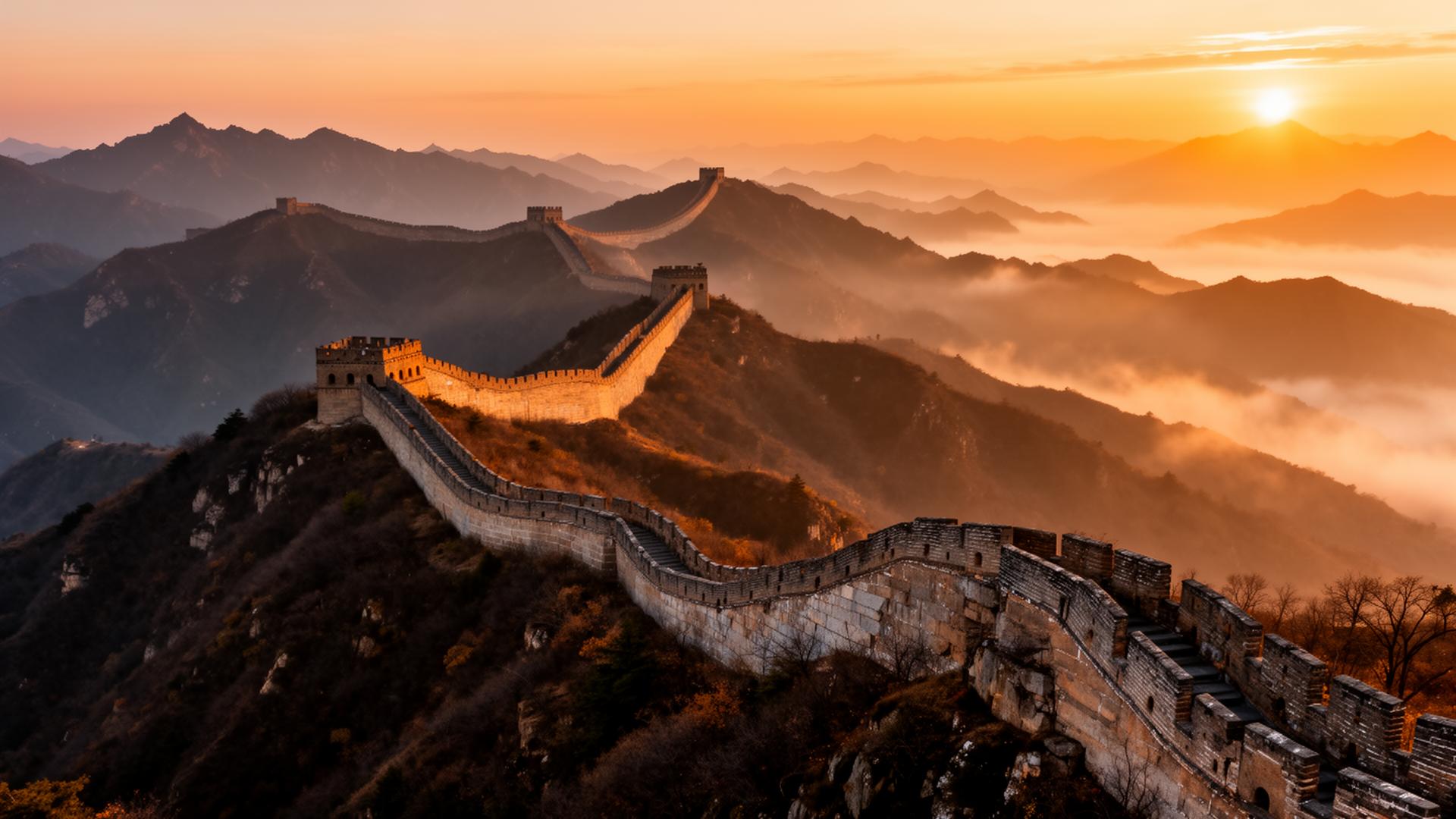 The Great Wall of China snaking over misty mountain ridges at sunrise