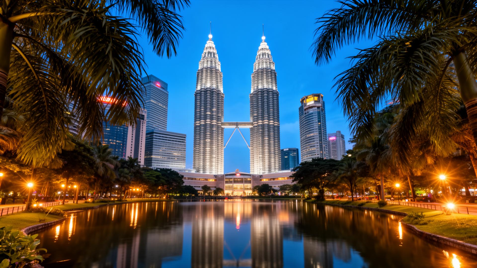 Petronas Twin Towers illuminated at blue hour over KLCC Park lake, Kuala Lumpur