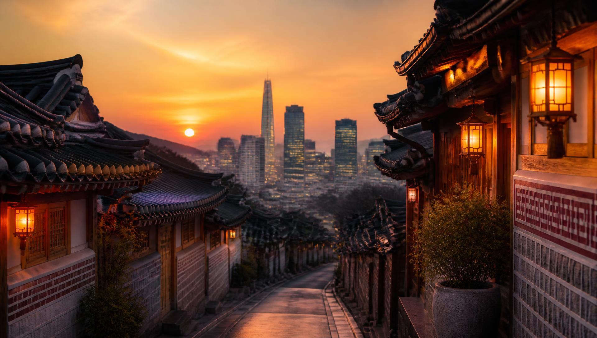 Cinematic Asian travel scene: lantern-lit street in Seoul with modern skyline beyond