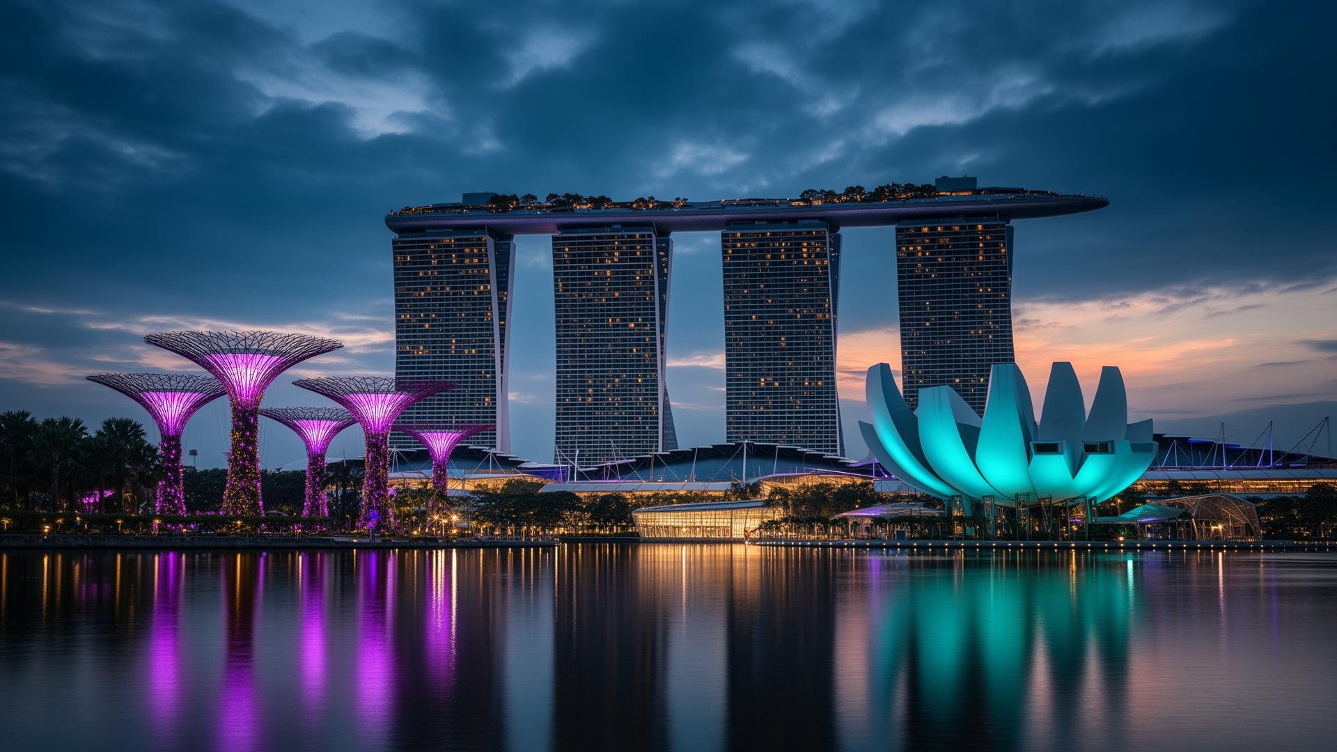Marina Bay Sands, the Supertrees and ArtScience Museum at blue hour in Singapore