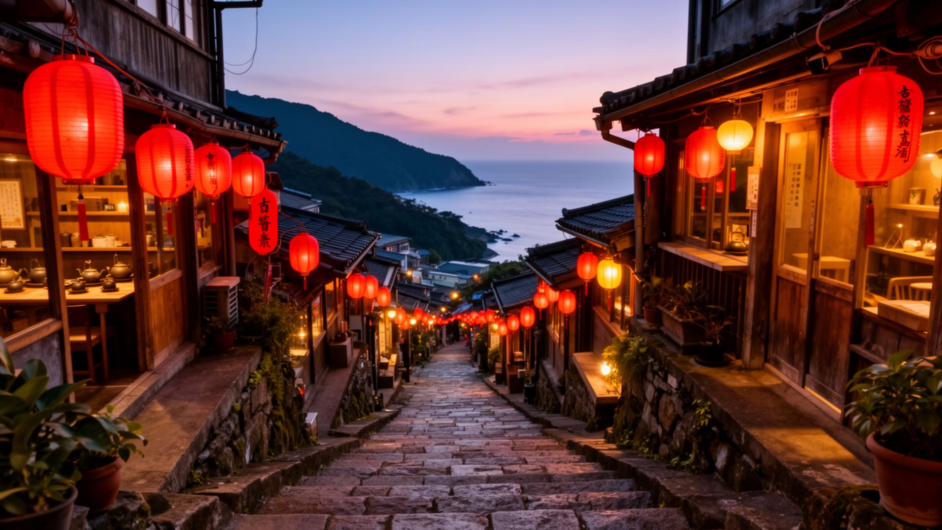 Jiufen old street at dusk with glowing red lanterns and the Pacific Ocean in the distance, Taiwan